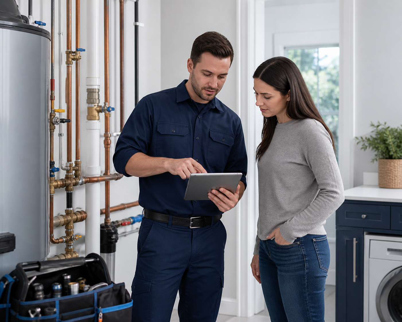 Skyla Plumbing technician reviewing plumbing work