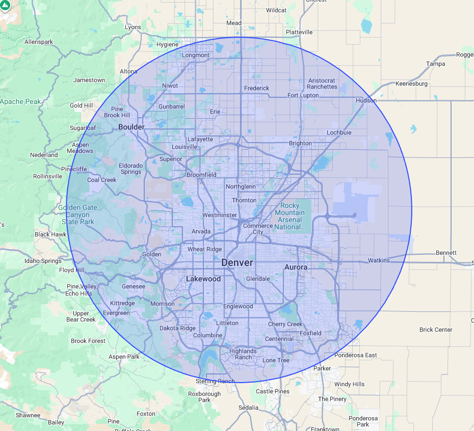 Map showing the Denver Metro service area for Skyla Plumbing